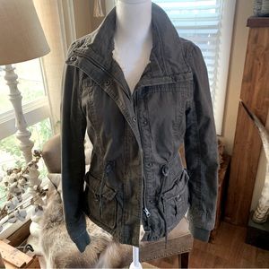 Army green utility bomber jacket cream faux fur lined Arizona Jean zip up